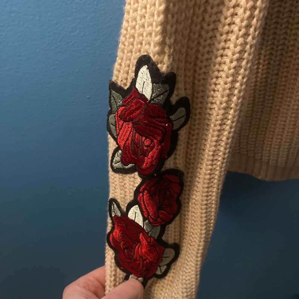 Embroidered Floral Accent Patches with Women's Cream Sweater